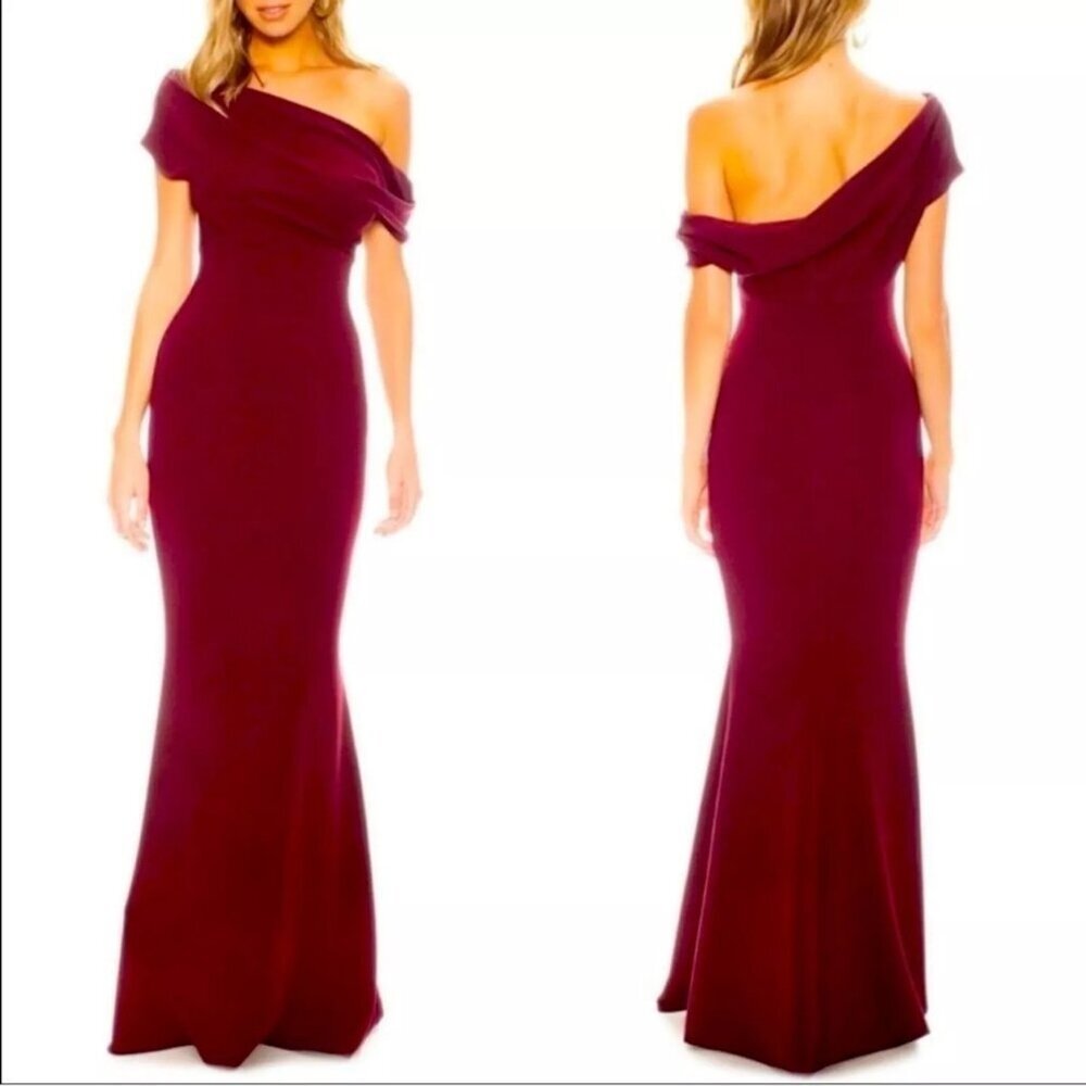 NWT KATIE MAY Hannah One-shoulder Formal Trumpet Gown Burgundy 4 MSRP $330